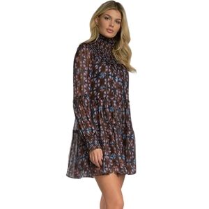 Elan Brown Floral Smocked High-Neck Mini Dress with Blue Accents
